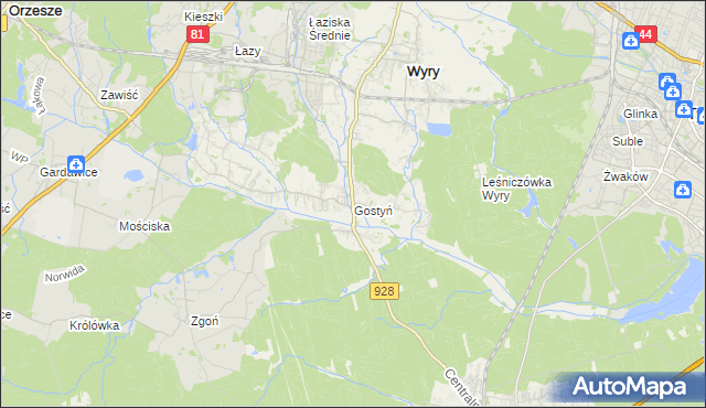 mapa Gostyń gmina Wyry, Gostyń gmina Wyry na mapie Targeo