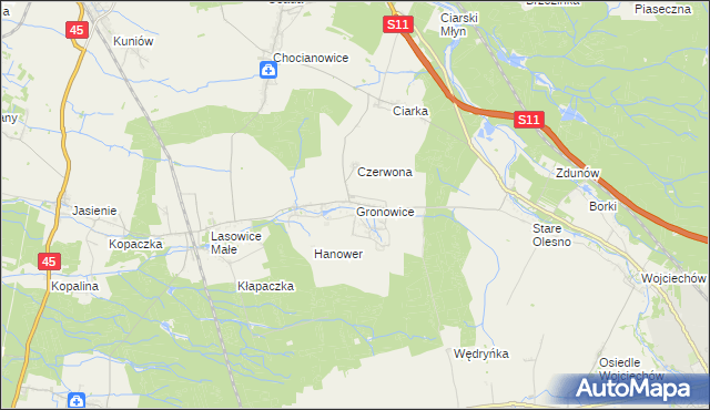 mapa Gronowice gmina Lasowice Wielkie, Gronowice gmina Lasowice Wielkie na mapie Targeo