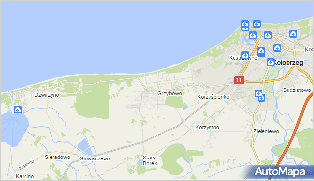mapa Grzybowo gmina Kołobrzeg, Grzybowo gmina Kołobrzeg na mapie Targeo
