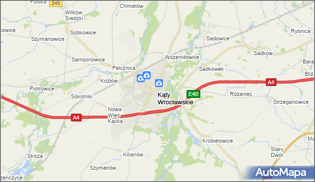 mapa Kąty Wrocławskie, Kąty Wrocławskie na mapie Targeo