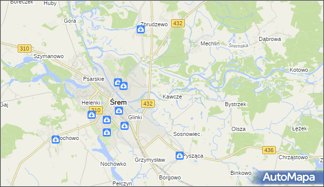 mapa Kawcze gmina Śrem, Kawcze gmina Śrem na mapie Targeo