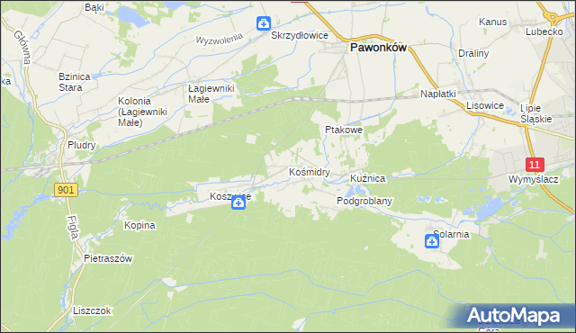 mapa Kośmidry gmina Pawonków, Kośmidry gmina Pawonków na mapie Targeo
