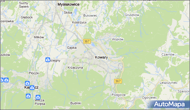 mapa Kowary powiat jeleniogórski, Kowary powiat jeleniogórski na mapie Targeo