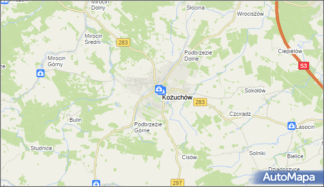 mapa Kożuchów powiat nowosolski, Kożuchów powiat nowosolski na mapie Targeo