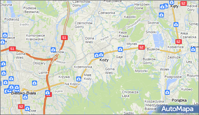 mapa Kozy powiat bielski, Kozy powiat bielski na mapie Targeo