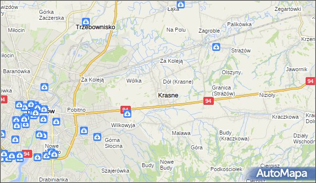 mapa Krasne powiat rzeszowski, Krasne powiat rzeszowski na mapie Targeo