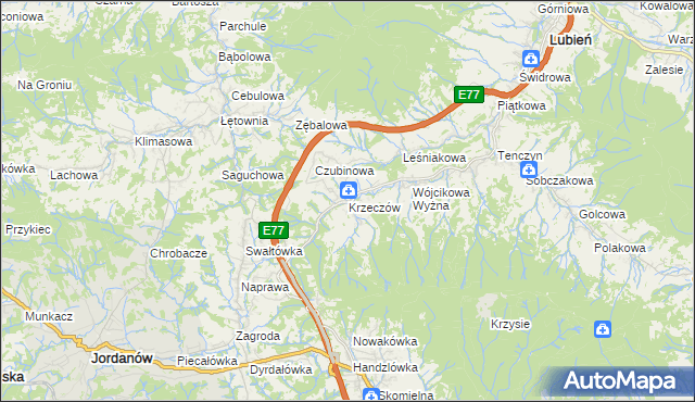 mapa Krzeczów gmina Lubień, Krzeczów gmina Lubień na mapie Targeo