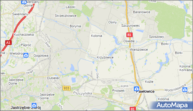 mapa Krzyżowice gmina Pawłowice, Krzyżowice gmina Pawłowice na mapie Targeo