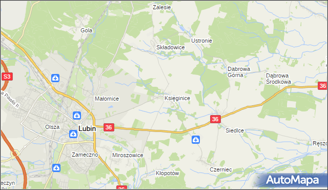 mapa Księginice gmina Lubin, Księginice gmina Lubin na mapie Targeo