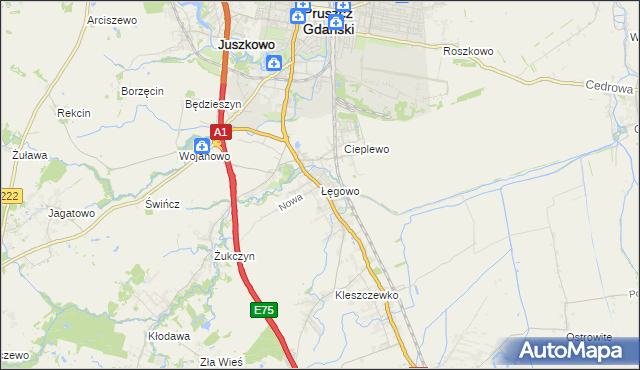 mapa Łęgowo gmina Pruszcz Gdański, Łęgowo gmina Pruszcz Gdański na mapie Targeo