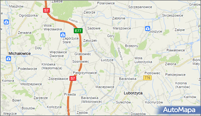mapa Łuczyce gmina Kocmyrzów-Luborzyca, Łuczyce gmina Kocmyrzów-Luborzyca na mapie Targeo