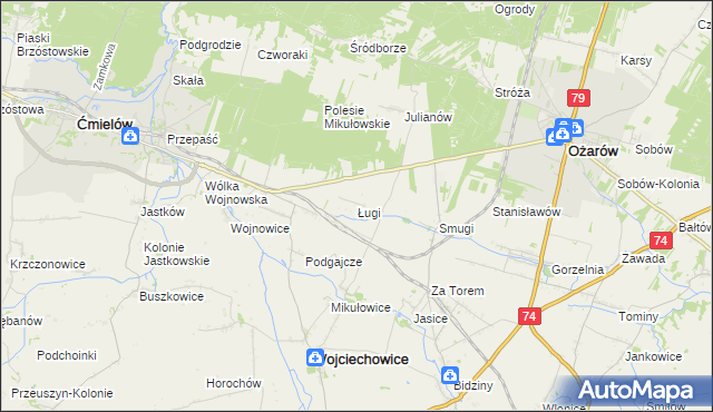 mapa Ługi gmina Wojciechowice, Ługi gmina Wojciechowice na mapie Targeo