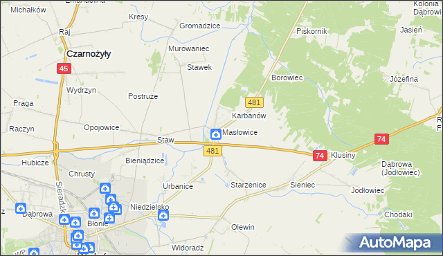 mapa Masłowice gmina Wieluń, Masłowice gmina Wieluń na mapie Targeo