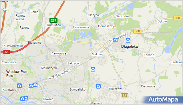 mapa Mirków gmina Długołęka, Mirków gmina Długołęka na mapie Targeo