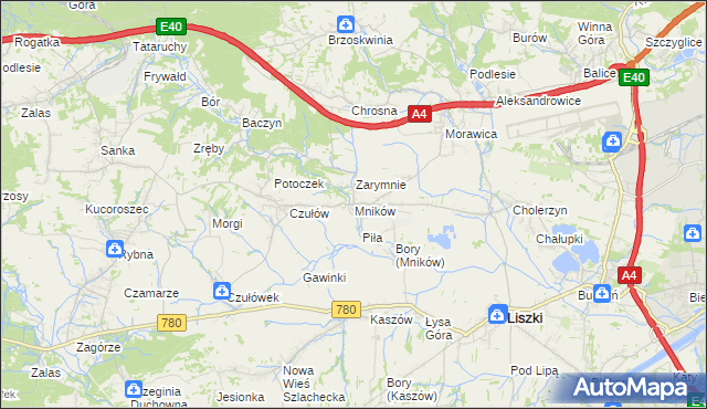 mapa Mników gmina Liszki, Mników gmina Liszki na mapie Targeo