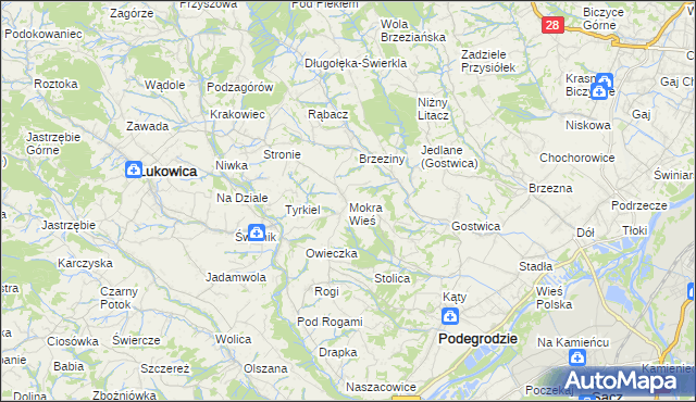 mapa Mokra Wieś gmina Podegrodzie, Mokra Wieś gmina Podegrodzie na mapie Targeo