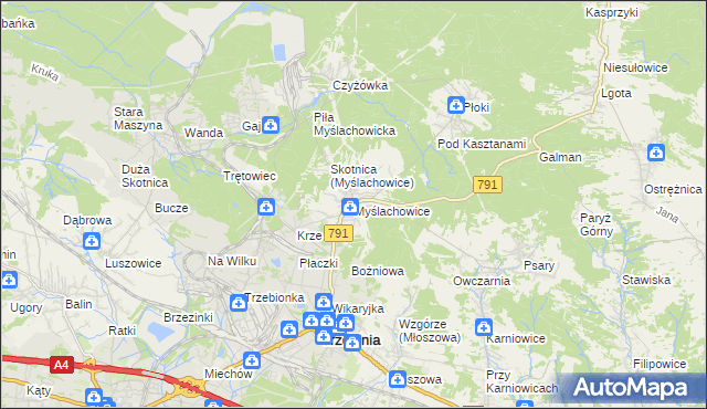 mapa Myślachowice, Myślachowice na mapie Targeo