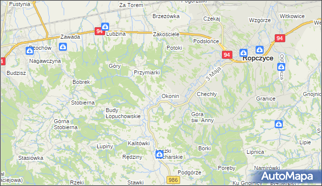 mapa Okonin gmina Ropczyce, Okonin gmina Ropczyce na mapie Targeo