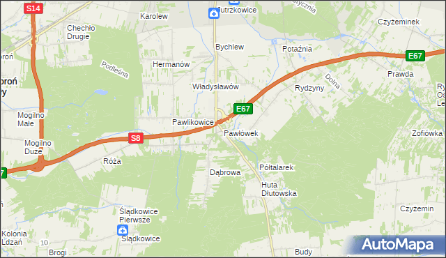 mapa Pawłówek gmina Dłutów, Pawłówek gmina Dłutów na mapie Targeo