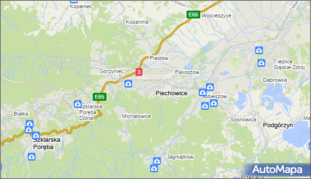 mapa Piechowice powiat jeleniogórski, Piechowice powiat jeleniogórski na mapie Targeo