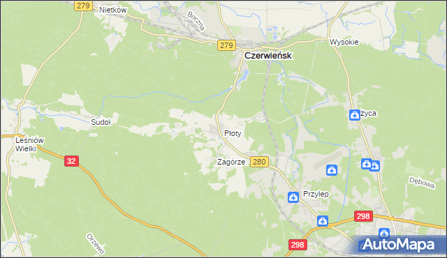 mapa Płoty gmina Czerwieńsk, Płoty gmina Czerwieńsk na mapie Targeo