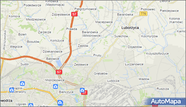 mapa Prusy gmina Kocmyrzów-Luborzyca, Prusy gmina Kocmyrzów-Luborzyca na mapie Targeo