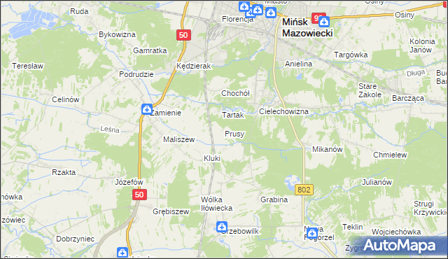 mapa Prusy gmina Mińsk Mazowiecki, Prusy gmina Mińsk Mazowiecki na mapie Targeo