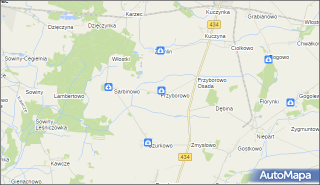 mapa Przyborowo gmina Krobia, Przyborowo gmina Krobia na mapie Targeo