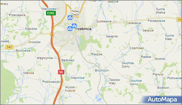 mapa Raszów gmina Trzebnica, Raszów gmina Trzebnica na mapie Targeo