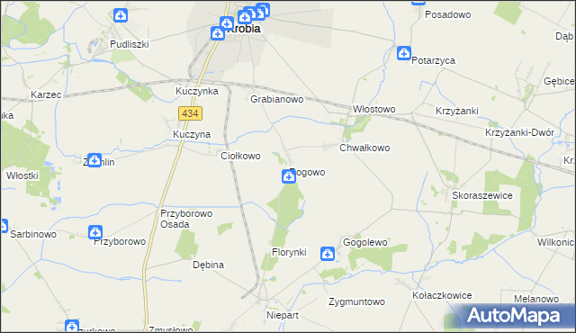 mapa Rogowo gmina Krobia, Rogowo gmina Krobia na mapie Targeo