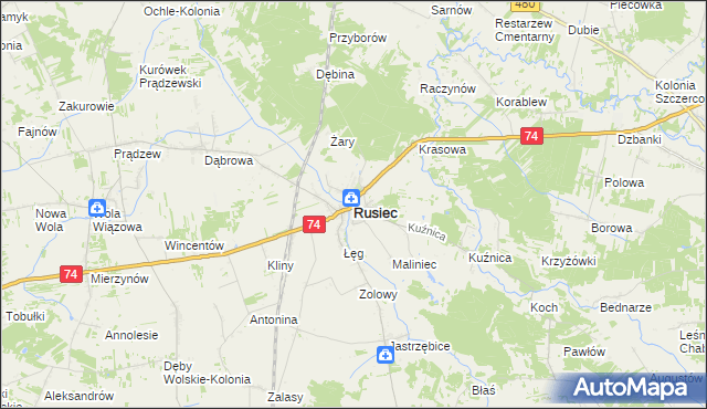 mapa Rusiec powiat bełchatowski, Rusiec powiat bełchatowski na mapie Targeo