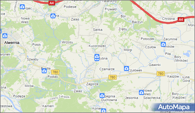 mapa Rybna gmina Czernichów, Rybna gmina Czernichów na mapie Targeo