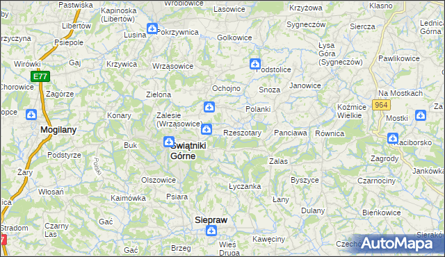 mapa Rzeszotary gmina Świątniki Górne, Rzeszotary gmina Świątniki Górne na mapie Targeo