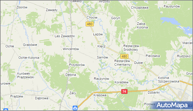 mapa Sarnów gmina Widawa, Sarnów gmina Widawa na mapie Targeo