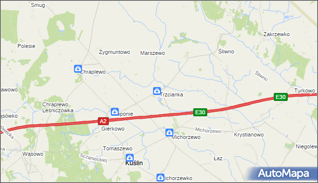 mapa Trzcianka gmina Kuślin, Trzcianka gmina Kuślin na mapie Targeo