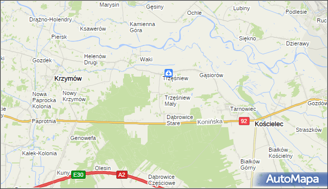 mapa Trzęśniew Mały, Trzęśniew Mały na mapie Targeo