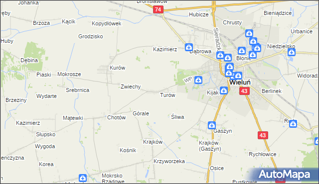 mapa Turów gmina Wieluń, Turów gmina Wieluń na mapie Targeo