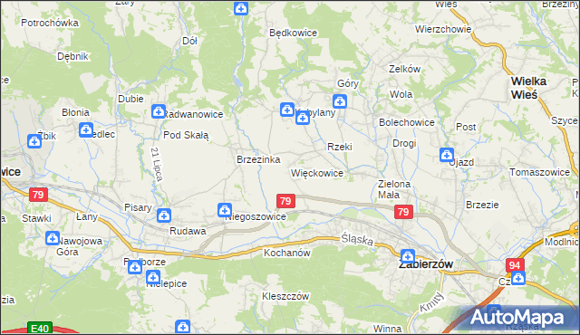 mapa Więckowice gmina Zabierzów, Więckowice gmina Zabierzów na mapie Targeo