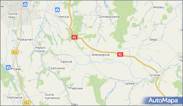 mapa Wierzbięcice gmina Nysa, Wierzbięcice gmina Nysa na mapie Targeo