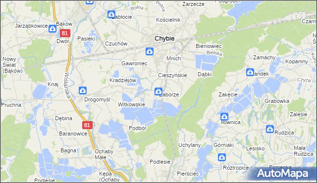 mapa Zaborze gmina Chybie, Zaborze gmina Chybie na mapie Targeo