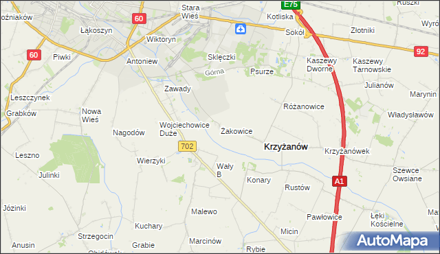 mapa Żakowice gmina Krzyżanów, Żakowice gmina Krzyżanów na mapie Targeo