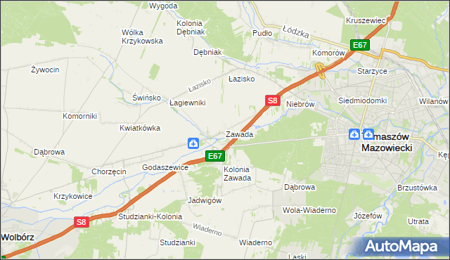 mapa Zawada gmina Tomaszów Mazowiecki, Zawada gmina Tomaszów Mazowiecki na mapie Targeo