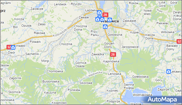 mapa Zawadka gmina Wadowice, Zawadka gmina Wadowice na mapie Targeo