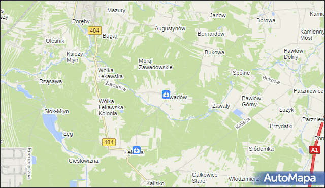 mapa Zawadów gmina Bełchatów, Zawadów gmina Bełchatów na mapie Targeo