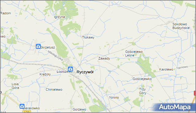 mapa Zawady gmina Ryczywół, Zawady gmina Ryczywół na mapie Targeo