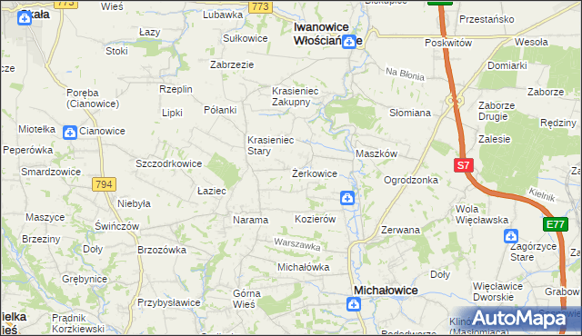mapa Żerkowice gmina Iwanowice, Żerkowice gmina Iwanowice na mapie Targeo