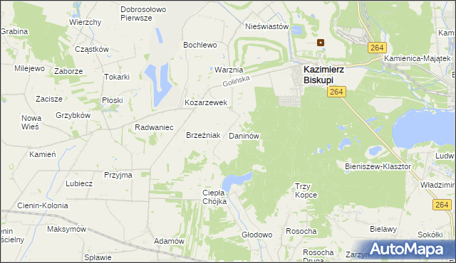 mapa Daninów gmina Kazimierz Biskupi, Daninów gmina Kazimierz Biskupi na mapie Targeo