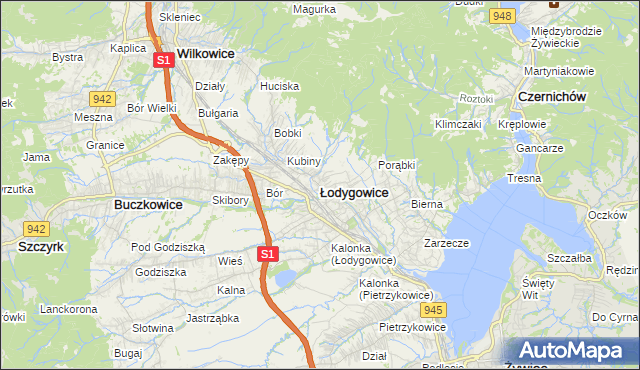 mapa Łodygowice powiat żywiecki, Łodygowice powiat żywiecki na mapie Targeo