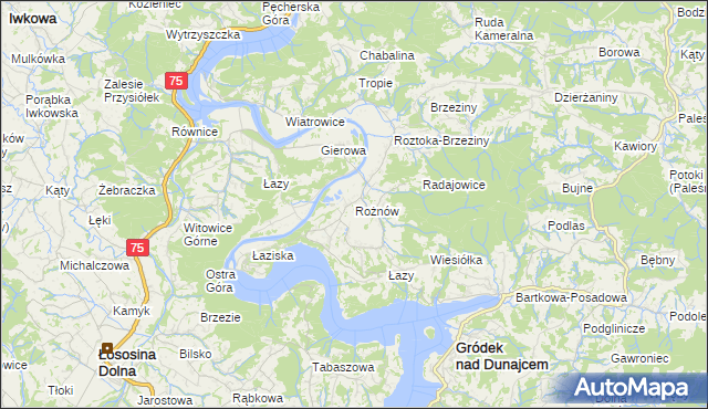 mapa Rożnów gmina Gródek nad Dunajcem, Rożnów gmina Gródek nad Dunajcem na mapie Targeo