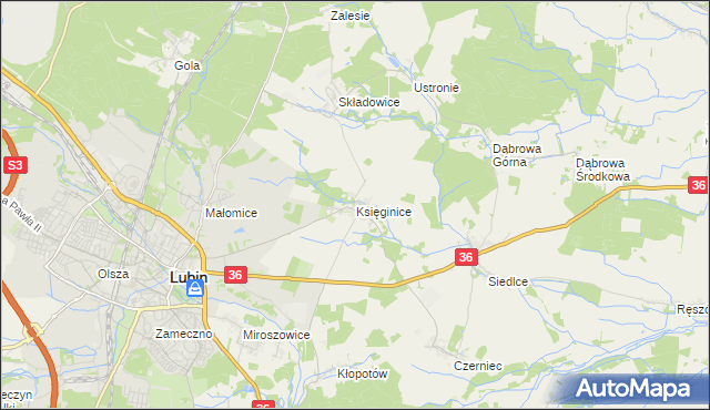 mapa Księginice gmina Lubin, Księginice gmina Lubin na mapie Targeo